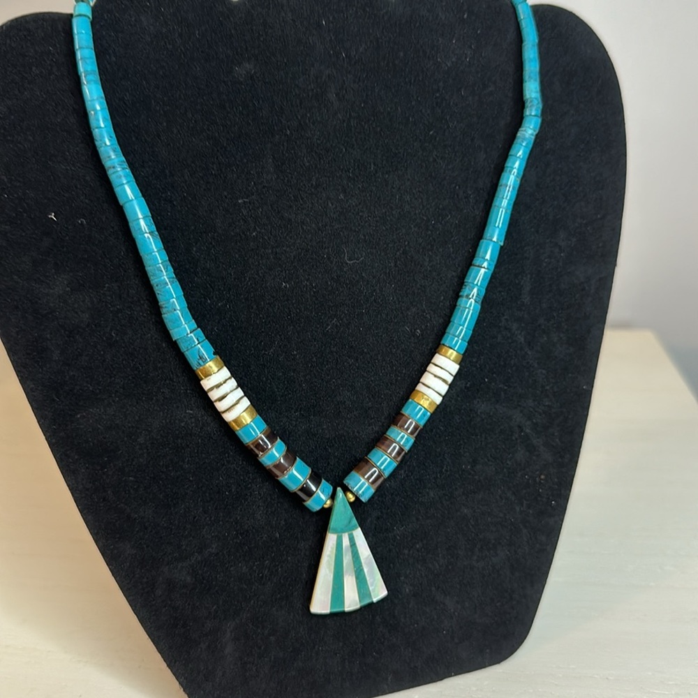 Jay King Turquoise Tribal Necklace with Pendant Green, Brown and Cream